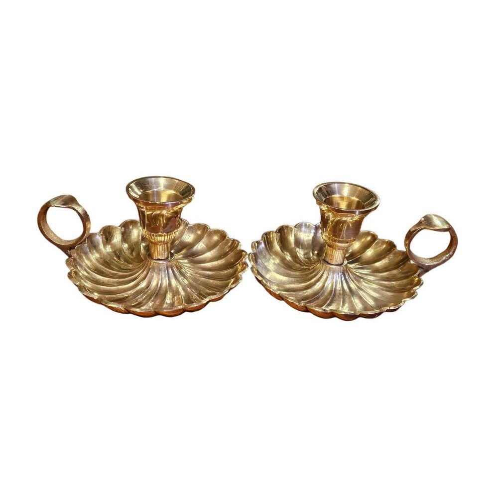 Vintage Brass Scalloped Candlestick Chamberstick Holders made in India